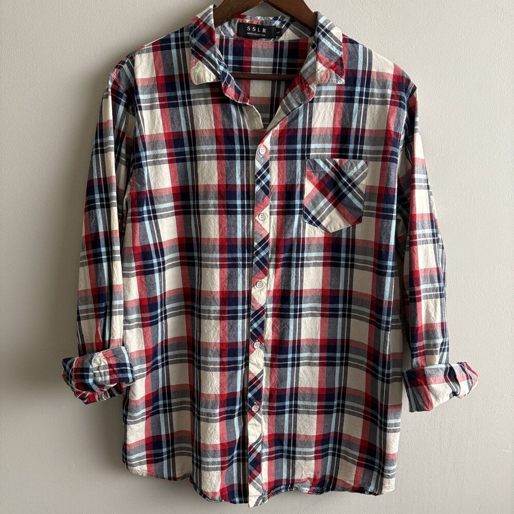 Men’s SSLR Plaid Button Down Shirt Size Small Red Blue White Casual Cotton